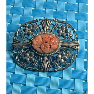 Carved Coral Oval Pendant Floral Symmetalic Sterling 12K Gold Brooch 1.5” Long